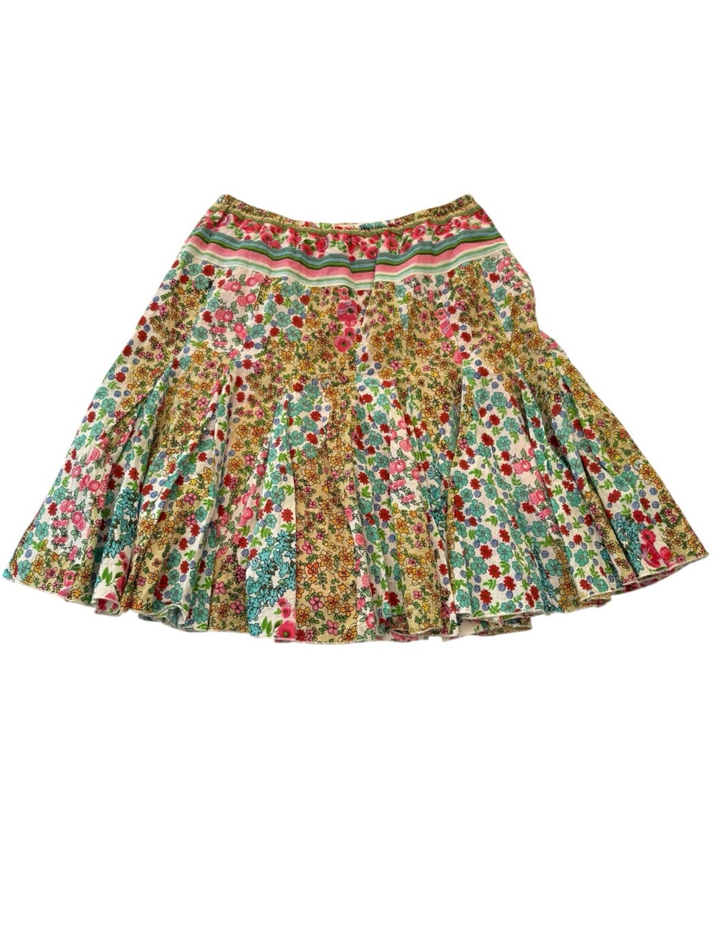 Phool size large boho patchwork Floral Tiered Pleated knee leng Skirt Multicolor